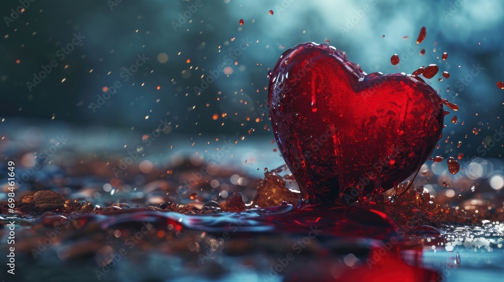 Poster a red heart shaped object floating on top of a body of water with drops of water on top of it.
