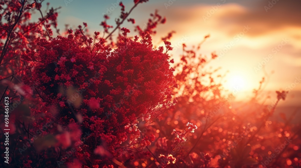 Poster the sun is setting behind a bush with red flowers in the foreground and a cloudy sky in the backgrou