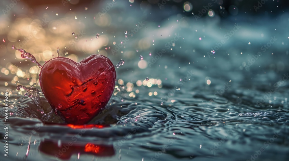 Aufkleber a heart shaped object floating on top of a body of water with drops of water on the side of it.