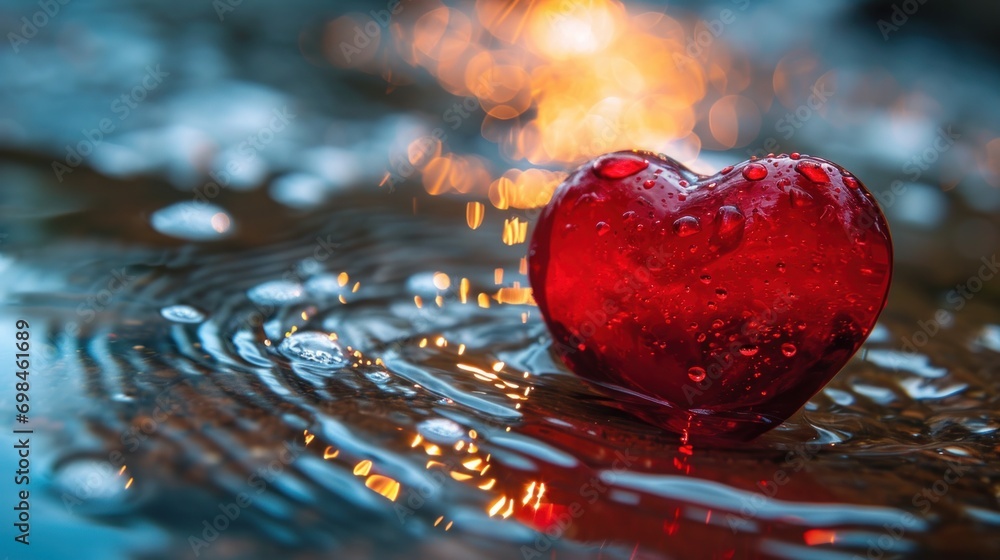 Poster a red heart shaped object floating on top of a body of water with drops of water on top of it.
