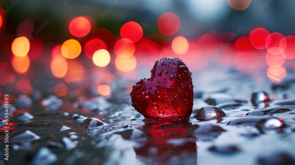 Poster a close up of a heart shaped object on a wet surface with a blurry background of red and yellow ligh