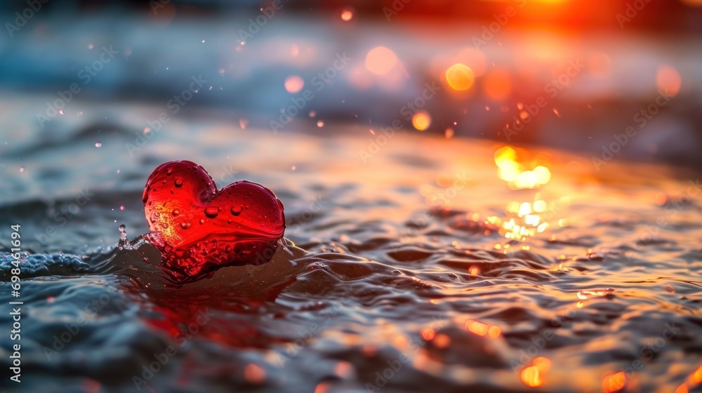 Aufkleber a heart shaped object floating on top of a body of water with the sun setting in the distance behind