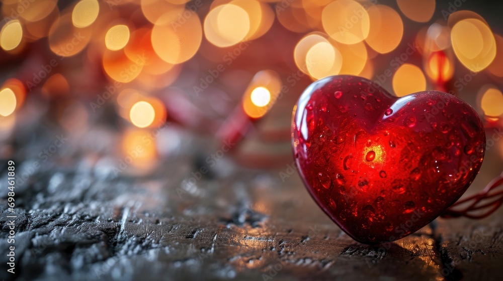 Poster a red heart sitting on top of a wooden table next to a string of lights and a string of twine.
