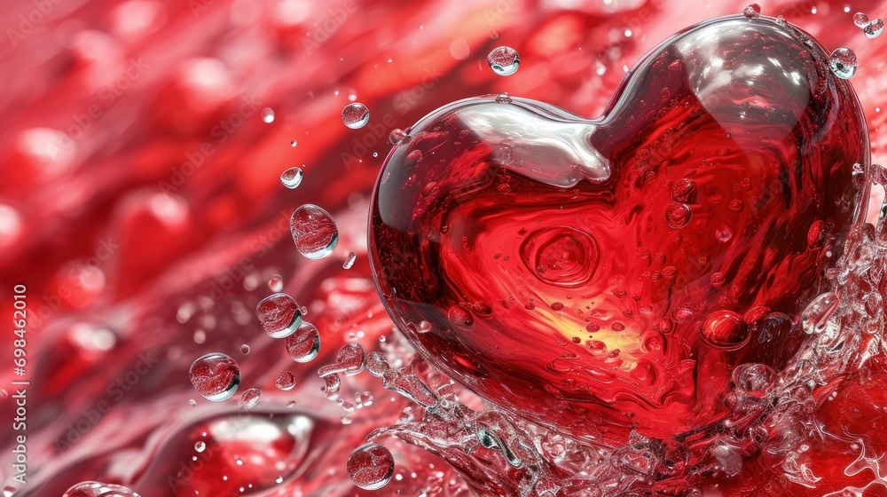 Poster a red heart shaped object floating on top of a body of water with bubbles on the bottom of the image
