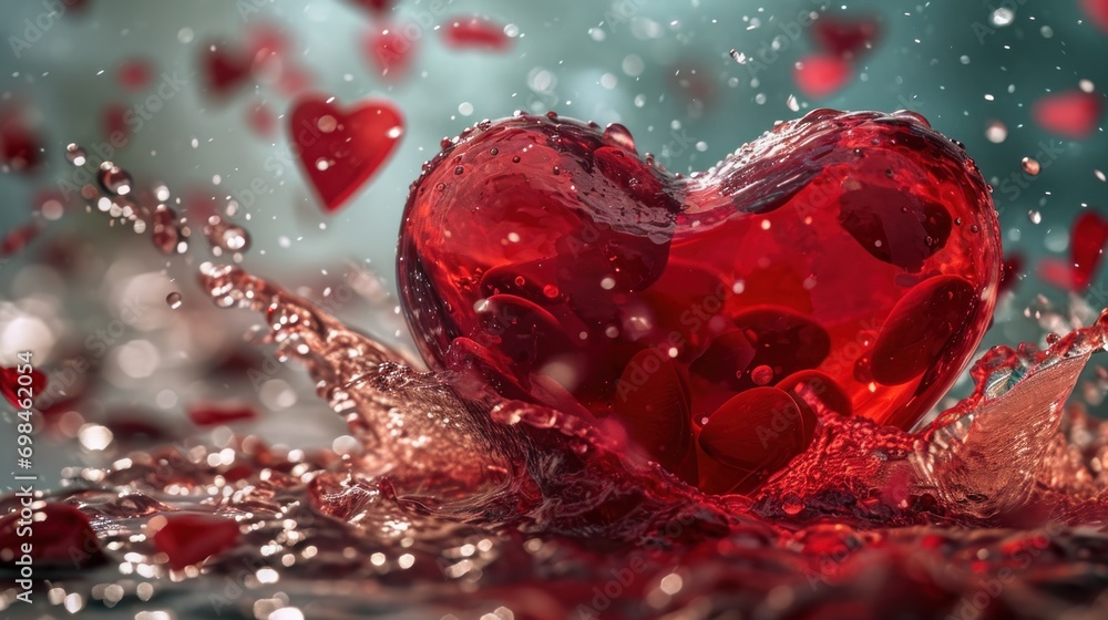 Poster a close up of a heart shaped object with water droplets on the surface and red hearts floating in th