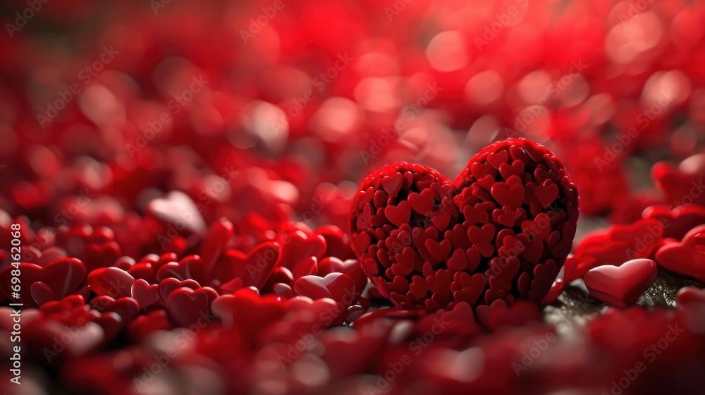Poster a heart - shaped object is surrounded by hearts of all shapes and sizes in a field of red and pink p