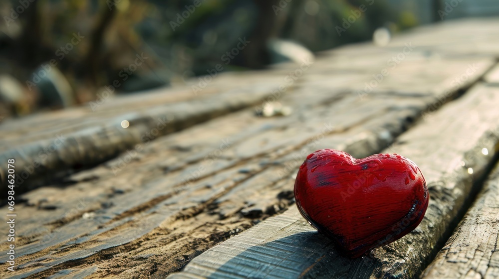 Poster a red heart shaped object sitting on top of a wooden bench in front of a tree filled with lots of le