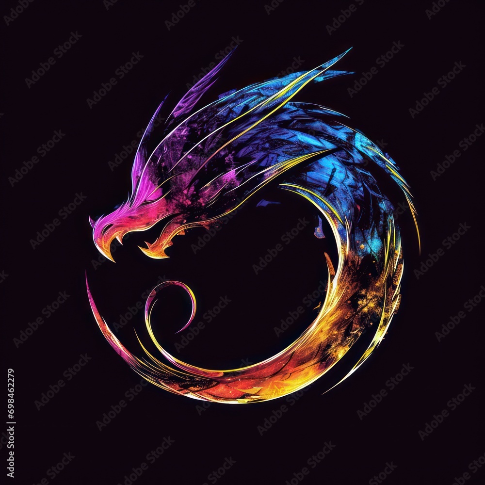 Poster a painting of a colorful bird on a black background with a swirl in the shape of a dragon's head.
