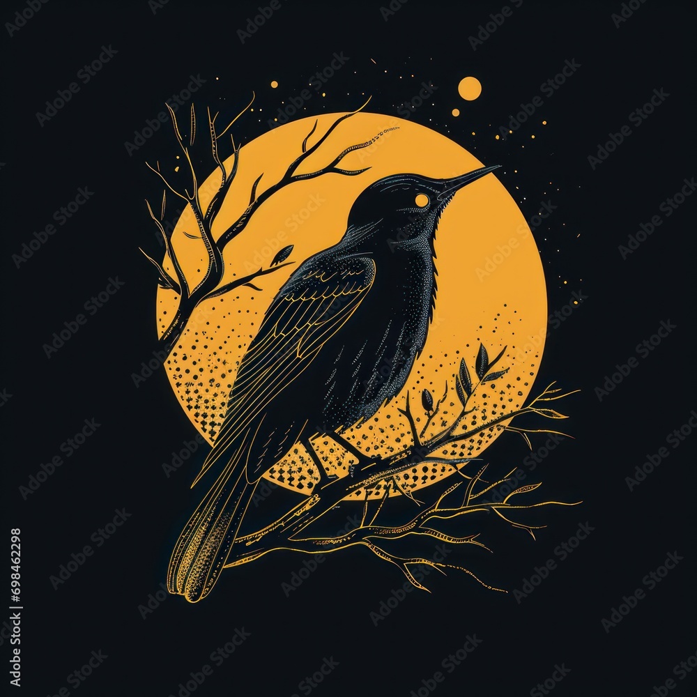 Poster a black bird sitting on top of a tree branch in front of a full moon with a tree branch in front of 