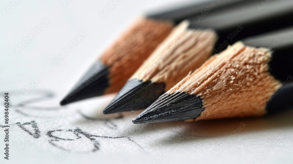 Poster a close up of three pencils on top of a piece of paper with a word written in cursive writing.