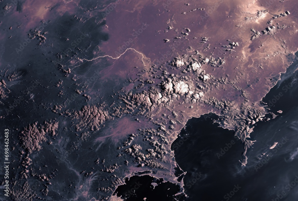Poster a view of the earth from space showing the terrain of the land in the foreground and the land on the