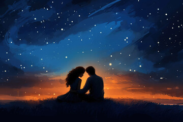 Couple hugging each other in the night sky - obrazy, fototapety, plakaty