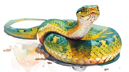 a green and yellow snake on a white background