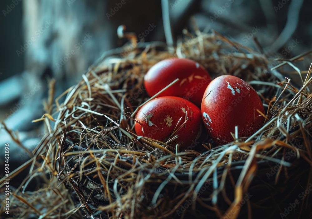 Poster a close up of three red eggs in a nest of hay with a stick sticking out of one of the eggs.