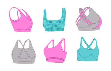 Female fitness bras vector set. Woman's sports clothes flat design. Isolated illustrations on a white background. Ideal for design sports content, stickers and print.