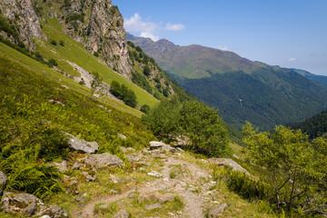 A hiking path in the green countryside , in Europe, in France, Occitanie, in the Hautes-Pyrenees, in summer, on a sunny day.