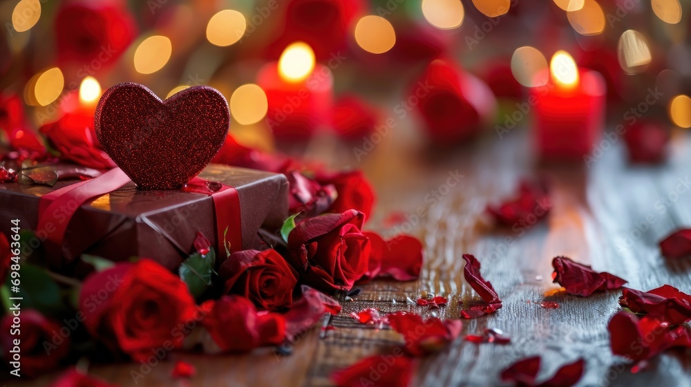 Poster a box with a heart on top of it surrounded by red rose petals and a bunch of candles in the backgrou