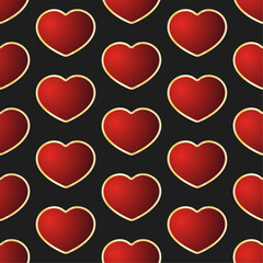 Red hearts vector seamless pattern. Volumetric gradient hearts with gold frames on black background. Best for web, polygraphy, print and St. Valentine's Day decoration.