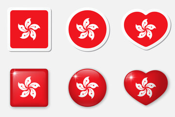 Flag of Hong Kong icons collection. Flat stickers and 3d realistic glass vector elements on white background with shadow underneath.