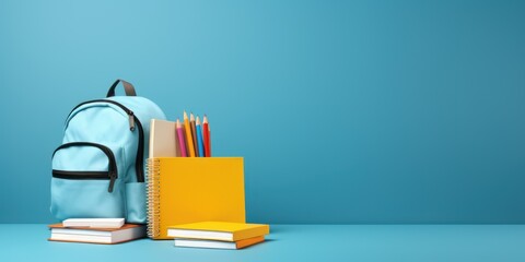 School books with school supplies and school bag on light blue background with copy space - obrazy, fototapety, plakaty