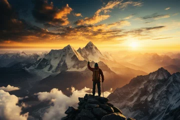 Foto op Plexiglas tourist on top of mountain © Aliaksei