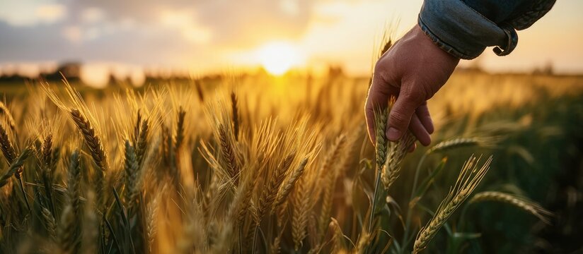 Farmer hand holding green wheat ears in field. Ripening ears. Man walking in wheat field at sunrise, touching green wheat with hands. Agricultural business.