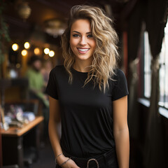 Female model with curly hair in black t-shirt mockup