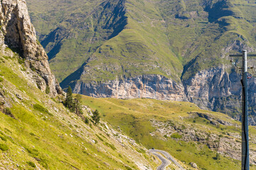 The Mountains around Gavarnie Gedre in the arid green countryside , Europe, France, Occitanie,...
