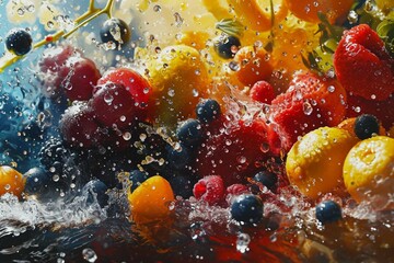 : Bursting fruit filled with vivid juices, the explosion of colors and textures frozen in mid-air.