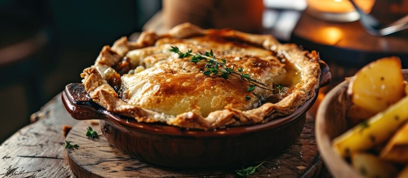 Classic steak and ale pie served with creamed potatoes and steamed leeks, seasoned with thyme. Photographed in a rustic pub setting with ample room for text.