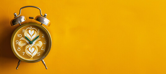 
alarm clock with coffee instead of a dial isolated on a yellow background with copy space. banner