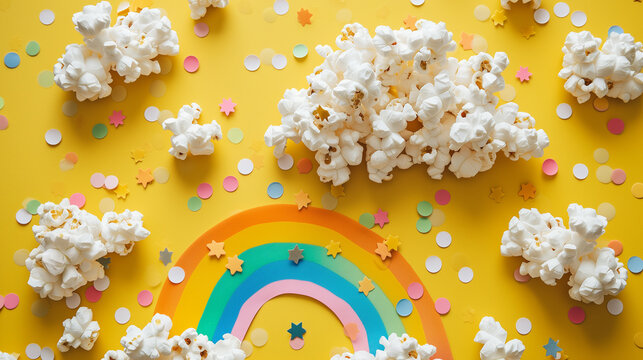 
children's collage on a yellow background - paper rainbow and clouds made from popcorn - Powered by Adobe