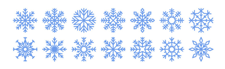Snow flake icon set. Winter snowflake, design element. Iced cold crystal ornaments for Christmas holiday. Icy line symbols, decorations. Flat graphic vector illustrations isolated on white background - obrazy, fototapety, plakaty
