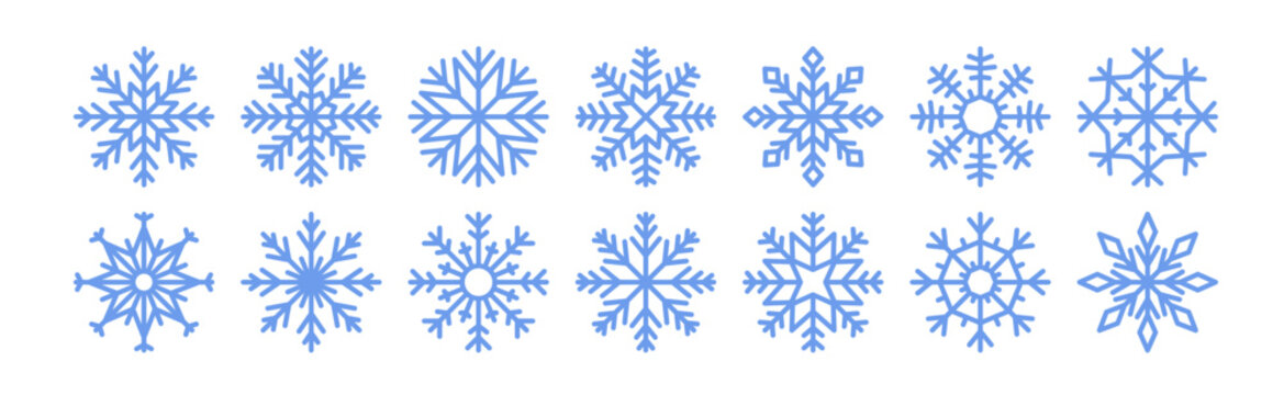 Snow flake icon set. Winter snowflake, design element. Iced cold crystal ornaments for Christmas holiday. Icy line symbols, decorations. Flat graphic vector illustrations isolated on white background