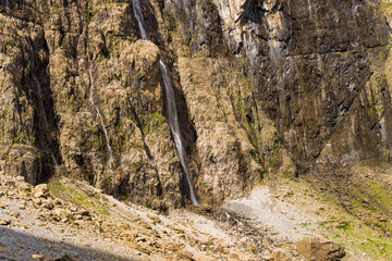 The Cirque de Gavarnie waterfalls , Europe, France, Occitanie, Hautes-Pyrenees, in summer on a...