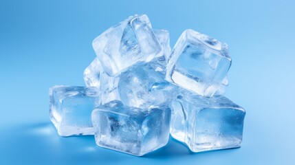 Ice cubes on a blue background. Frozen water crystals.