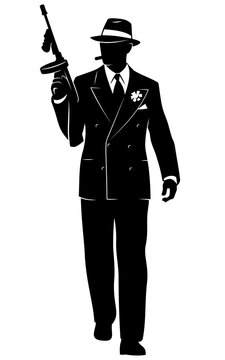 recommend clip art: Silhouette of Gangster with Tommy-Gun. Vector clipart isolated on white.