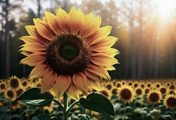 field with sunflowers in the sunset rays