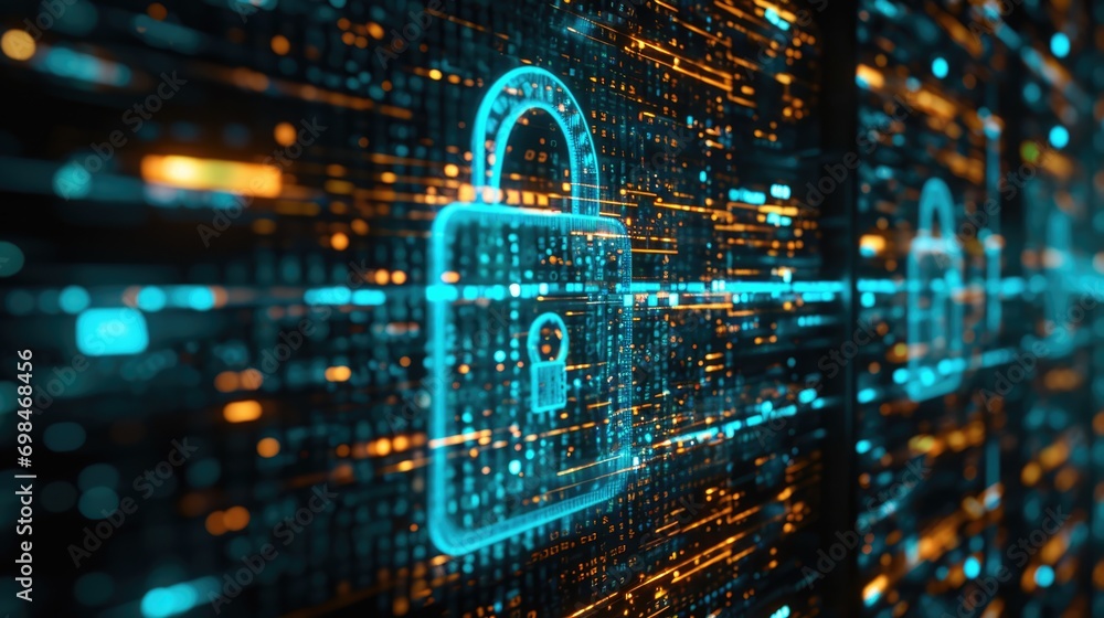 Poster cyber security, data privacy, data protection internet and technology on virtual screen.