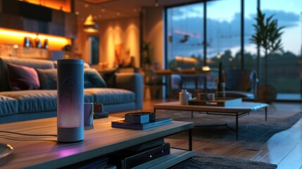 Modern home with smart speakers lights and thermostat all connected and controlled through a single device, Smart Home and automation concept. - obrazy, fototapety, plakaty
