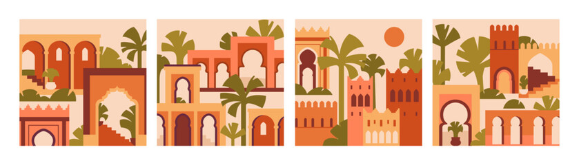 Morocco architecture cards set. Moroccan buildings, square backgrounds. Abstract ancient Marrakech and Medina cities, Berber houses. Marrakesh wall arts. Colored modern flat vector illustrations