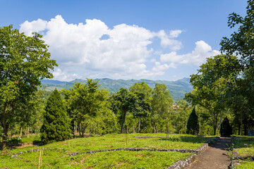 The gardens around the victory monument , in Asia, Vietnam, Tonkin, Dien Bien Phu, in summer, on a sunny day.