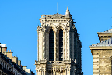 The towers of Notre-Dame de Paris Cathedral , Europe, France, Ile de France, Paris, in summer on a sunny day.