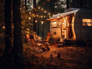Midnight car tent in the forest. Outdoor vacation concept. Decorated with beautiful night lights. - obrazy, fototapety, plakaty