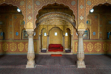 The Reception Hall of Junagarh Fort in Asia, India, Rajasthan, Bikaner, in summer on a sunny day.