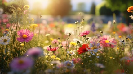 Vibrant wildflowers in sunlit meadow during spring. Nature and tranquility.
