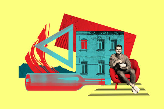 Strange bizarre collage template of guy have alcoholic party in old flat watch horror thriller movie eating pop corn - Powered by Adobe