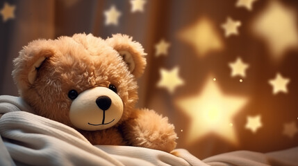 Cute teddy bear stuffed toy on cozy background
 - obrazy, fototapety, plakaty