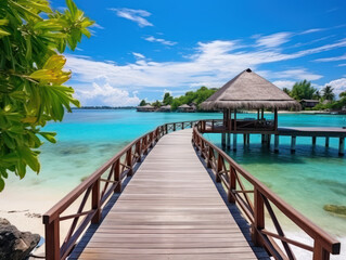 Bungalows and brown wooden dock on blue sea under blue sky during daytime