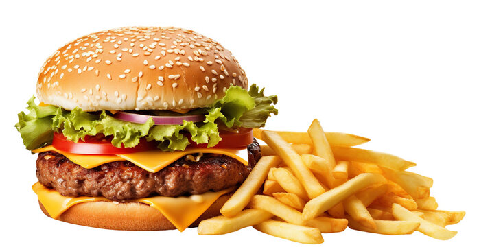 Delicious burger and french potato fries, cut out - Powered by Adobe